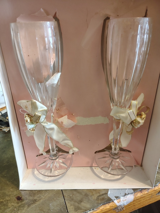 Other - Pair of Decorative Clear Crystal Champagne Flutes with White Ribbon